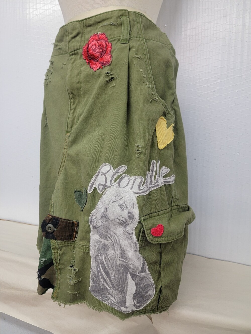 Blondie Olive Green Patchwork Cargo Skirt with Embroidered Rose-Upcycled